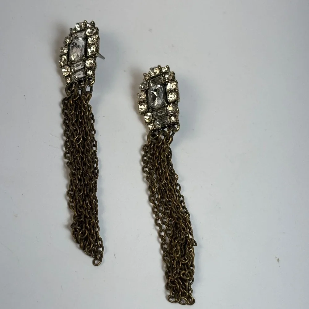Crystal Rhinestone Drop Earrings‎ Brass Tone Multi Chain Fringe Statement